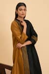 ORIGANI_Black Chanderi Silk Embroidery Vertical Line Round Colorblocked Kurta With Pant _at_Aza_Fashions