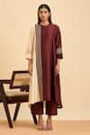 Buy_ORIGANI_Maroon Chanderi Silk Embroidery Vertical Colorblocked Kurta With Straight Pant _Online_at_Aza_Fashions