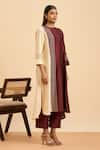 ORIGANI_Maroon Chanderi Silk Embroidery Vertical Colorblocked Kurta With Straight Pant _at_Aza_Fashions