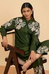 ORIGANI_Green Chanderi Silk Applique Floral Collar Neck Embroidered Shirt With Pant _at_Aza_Fashions