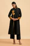 Buy_ORIGANI_Black Chanderi Silk Embroidery Bloom Round Collar Applique Kurta With Pant _at_Aza_Fashions