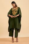 Buy_ORIGANI_Green Chanderi Silk Embroidery Flora Notched Round Neck Kurta Pant Set _at_Aza_Fashions