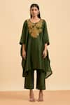 Shop_ORIGANI_Green Chanderi Silk Embroidery Flora Notched Round Neck Kurta Pant Set _Online_at_Aza_Fashions