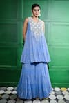 Buy_Keith Gomes_Blue Chiffon Crepe Embroidered Crystal Pearl Mirror Tiered Tunic And Gharara Set _at_Aza_Fashions