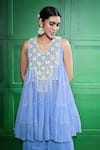 Keith Gomes_Blue Chiffon Crepe Embroidered Crystal Pearl Mirror Tiered Tunic And Gharara Set _Online_at_Aza_Fashions