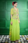 Keith Gomes_Green Silk Organza Embroidered Crystal V-neck Bead Peplum Kurta Sharara Set _Online_at_Aza_Fashions