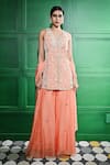 Buy_Keith Gomes_Peach Silk Organza Embroidered Pearl V-neck Zari Tunic Sharara Set _at_Aza_Fashions