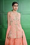 Keith Gomes_Peach Silk Organza Embroidered Pearl V-neck Zari Tunic Sharara Set _Online_at_Aza_Fashions