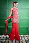 Shop_Keith Gomes_Red Chiffon Crepe Embroidered Mirror Tie-up Sequin Bead Tunic Sharara Set _Online_at_Aza_Fashions