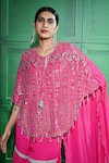 Keith Gomes_Pink Chiffon Crepe Embroidered Crystal Front Sequin High-low Tunic Gharara Set _Online_at_Aza_Fashions