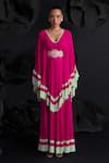 Dania Siddiqui_Pink Georgette Hand Embroidered Glass Bead V Neck Josefina Layered Kaftan _Online_at_Aza_Fashions