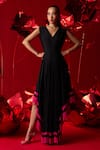 Buy_Dania Siddiqui_Black Matte Finish Satin Color Block V Neck Aurora Asymmetric Dress _at_Aza_Fashions