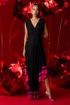 Buy_Dania Siddiqui_Black Matte Finish Satin Color Block V Neck Aurora Asymmetric Dress _Online_at_Aza_Fashions