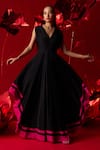 Dania Siddiqui_Black Matte Finish Satin Color Block V Neck Aurora Asymmetric Dress _at_Aza_Fashions