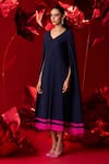 Dania Siddiqui_Blue Matte Finish Satin Plain V-neck Emilia A-line Midi Dress _Online_at_Aza_Fashions