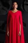 Shop_Dania Siddiqui_Red Matte Finish Satin Plain V-neck Emilia Attached Cape Midi Dress _Online_at_Aza_Fashions