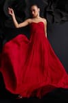 Buy_Dania Siddiqui_Red Crinkled Chiffon Plain Off-shoulder Rosa Ruched Corset Gown _at_Aza_Fashions