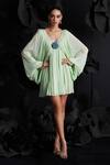 Buy_Dania Siddiqui_Green Crinkled Chiffon Embroidery 3d Flower V-neck Julia Gathered Mini Dress _at_Aza_Fashions