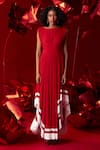 Buy_Dania Siddiqui_Red Matt Finish Satin Plain Boat Florence Asymmetrical Dress _at_Aza_Fashions