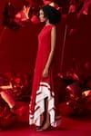 Buy_Dania Siddiqui_Red Matt Finish Satin Plain Boat Florence Asymmetrical Dress _Online_at_Aza_Fashions