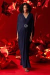 Buy_Dania Siddiqui_Blue Textured Crepe Embroidery 3d Flower V-neck Gabriela Draped Kaftan _at_Aza_Fashions