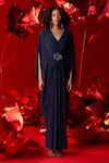 Buy_Dania Siddiqui_Blue Textured Crepe Embroidery 3d Flower V-neck Gabriela Draped Kaftan _Online_at_Aza_Fashions