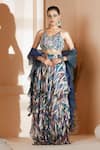 Buy_Akanksha Mago_Blue Georgette Embroidery Floral V Abstract Print Layered Skirt And Blouse Set _at_Aza_Fashions