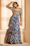 Akanksha Mago_Blue Georgette Print Abstract Square Neck Scallop Geometric Embroidered Anarkali _Online_at_Aza_Fashions