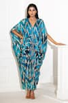 Buy_Akanksha Mago_Blue Georgette Print Abstract V Neck Kaftan _at_Aza_Fashions