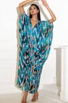 Shop_Akanksha Mago_Blue Georgette Print Abstract V Neck Kaftan _at_Aza_Fashions