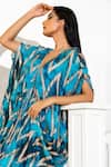 Akanksha Mago_Blue Georgette Print Abstract V Neck Kaftan _Online_at_Aza_Fashions