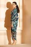 Akanksha Mago_Blue Georgette Print Abstract V Neck Chevron Embroidered Draped Dress _Online_at_Aza_Fashions