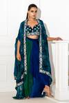 Buy_Akanksha Mago_Blue Crepe Print Abstract Cape Front Open And Skirt Set _at_Aza_Fashions