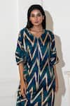 Buy_Akanksha Mago_Blue Georgette Print Abstract V Neck Chevron Embroidered Kurta With Pant _Online_at_Aza_Fashions