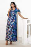 Buy_Akanksha Mago_Blue Georgette Print Abstract V Neck Maxi Dress _at_Aza_Fashions