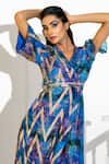 Buy_Akanksha Mago_Blue Georgette Print Abstract V Neck Maxi Dress _Online_at_Aza_Fashions