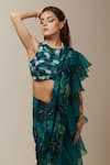 Akanksha Mago_Blue Georgette Saree Print Abstract Round Neck Pre-draped With Blouse _Online_at_Aza_Fashions