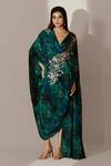 Buy_Akanksha Mago_Blue Crepe Print Abstract Cowl Neck Rose Vine Embroidered Draped Kaftan _at_Aza_Fashions