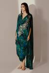 Akanksha Mago_Blue Crepe Print Abstract Cowl Neck Rose Vine Embroidered Draped Kaftan _Online_at_Aza_Fashions