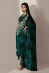 Buy_Akanksha Mago_Blue Crepe Print Abstract Cowl Neck Rose Vine Embroidered Draped Kaftan _Online_at_Aza_Fashions