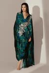 Shop_Akanksha Mago_Blue Crepe Print Abstract Cowl Neck Rose Vine Embroidered Draped Kaftan _Online_at_Aza_Fashions