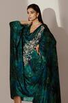 Akanksha Mago_Blue Crepe Print Abstract Cowl Neck Rose Vine Embroidered Draped Kaftan _at_Aza_Fashions