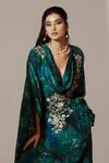 Buy_Akanksha Mago_Blue Crepe Print Abstract Cowl Neck Rose Vine Embroidered Draped Kaftan 