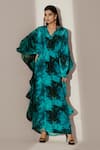 Buy_Akanksha Mago_Blue Crepe Print Abstract Swirl V Neck Ruffled Kaftan _at_Aza_Fashions