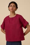Buy_The Summer House_Red Linen Cotton Hand Embroidered Thread Boat Affan Front Top _at_Aza_Fashions