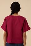 Shop_The Summer House_Red Linen Cotton Hand Embroidered Thread Boat Affan Front Top _at_Aza_Fashions