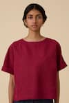 Shop_The Summer House_Red Linen Cotton Hand Embroidered Thread Boat Affan Front Top _Online_at_Aza_Fashions