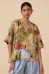 Buy_The Summer House_Yellow Organic Cotton Voile Printed Scenic Notched Bheer Top_at_Aza_Fashions