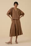 Buy_The Summer House_Brown Handwoven Linen Cotton Stripe V Neck Faizaan Detailed Top With Skirt _at_Aza_Fashions