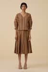 The Summer House_Brown Handwoven Linen Cotton Stripe V Neck Faizaan Detailed Top With Skirt _Online_at_Aza_Fashions